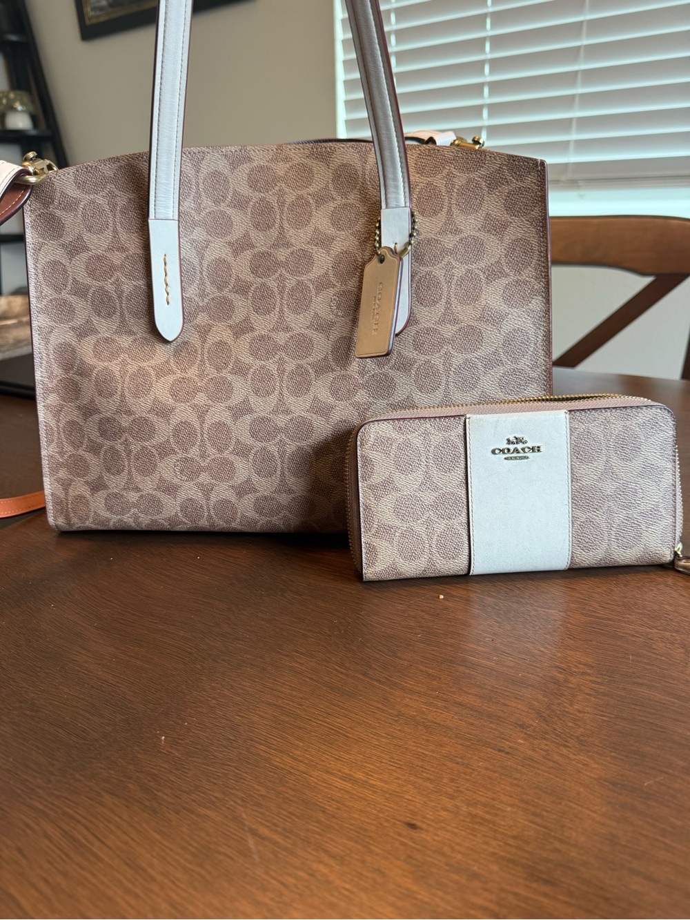 Coach Brown Signature Canvas Tote with Light Cream Trim and Zip Wallet